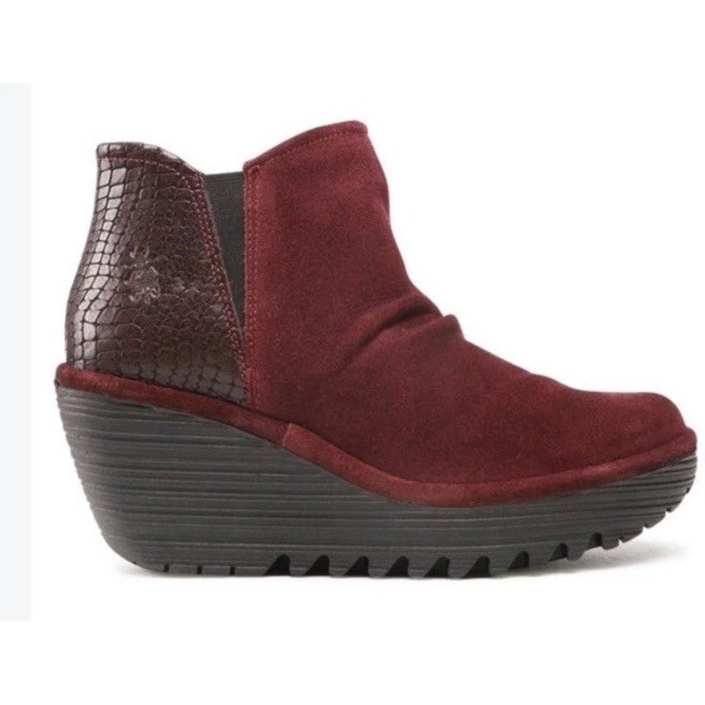 Fly London Yip Boots Side Zip Wedge Faux Snakeskin Suede Wine Red EU 37 US 6.5 7